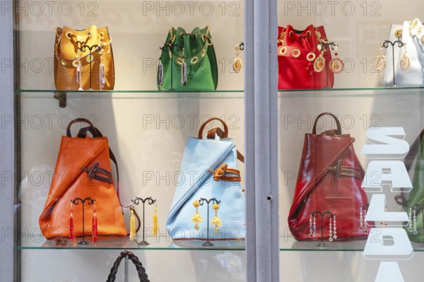 Fashionable handbags on display, Taormina, Sicily, Italy, Europe