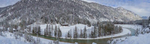 Isar valley in winter at temperatures of minus 18 degrees Celsius. Snow covered landscape with the