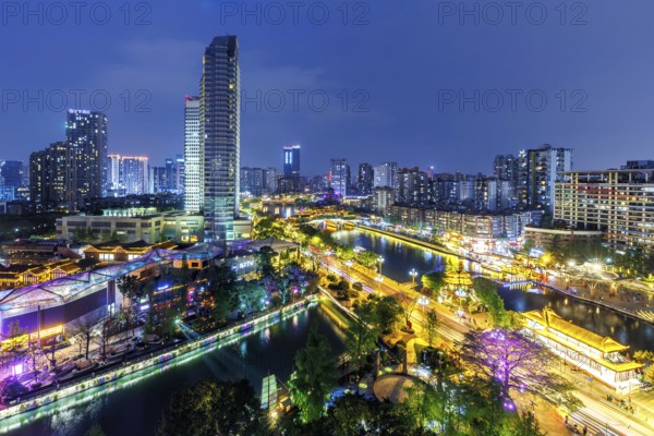 Chengdu skyline with Anshun Bridge over Jin River at night in Chengdu, China, Asia
