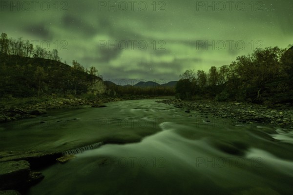 Northern Lights over the Abiskojakka River, Abisko National Park, Lapland, Sweden, Europe