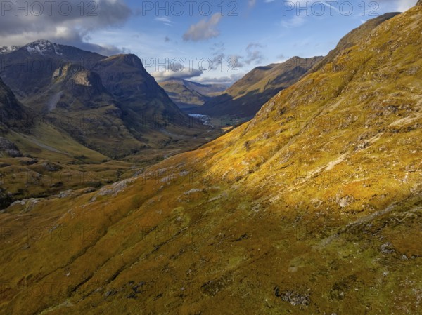 Cloudy mood, morning light, valley, mountains, aerial view, autumn, Glencoe, Three Sisters,