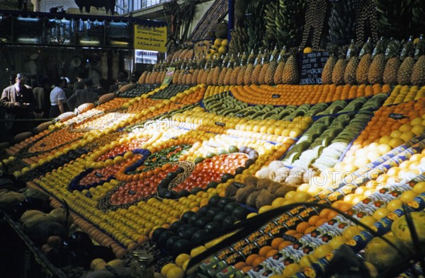Attractive display of fruit and vegetable stalls, Melbourne, Victoria, Australia, 1956, Oceania