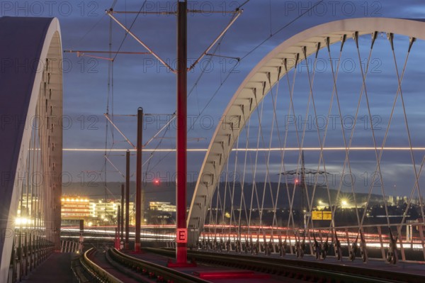 Modern light rail bridge made of carbon from Stuttgarter Straßenbahnen AG over the motorway in the