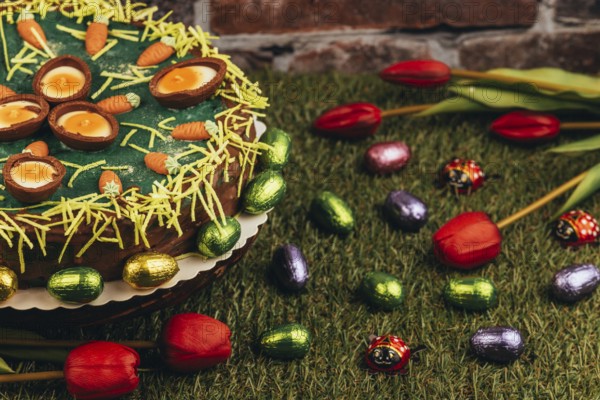 An Easter cake with carrots next to chocolate eggs and tulips on green grass