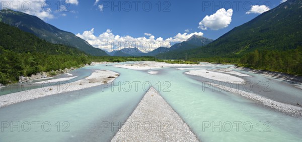 The river Lech in the Lechtal Alps in the Tyrolean Außerfern, gravel banks in the riverbed,