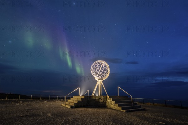 Northern Lights at the North Cape with steel globe, Nordkapp, Finnmark, Norway, Europe