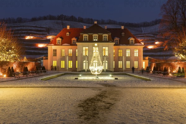 Wackerbarth's winter magic, castle and vineyards with Christmas lights and snow, Radebeul, Saxony,