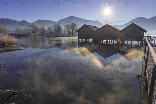 Boat huts, jetty, sunbeams, backlight, lake, morning light, fog, snow, winter, mountains, Lake