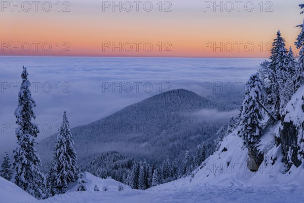Sunrise snow tour on the Tegelberg in the Allgäu in Bavaria. Winter Wonder Land, Germany, Europe