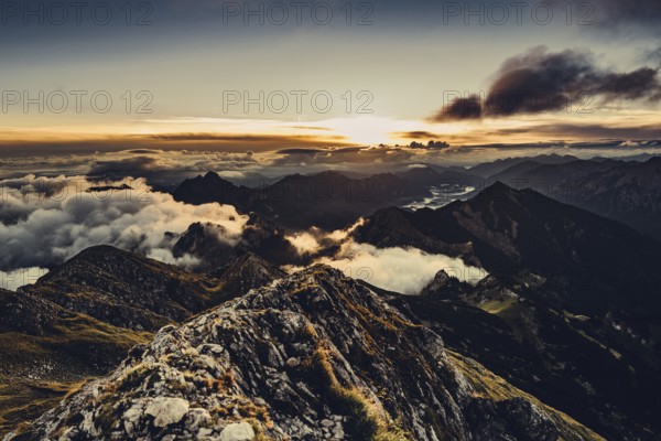 Sunrise hike on the Hochplatte in the Ammergau Alps, Ammergebirge in the Allgäu, Bavaria, Germany,