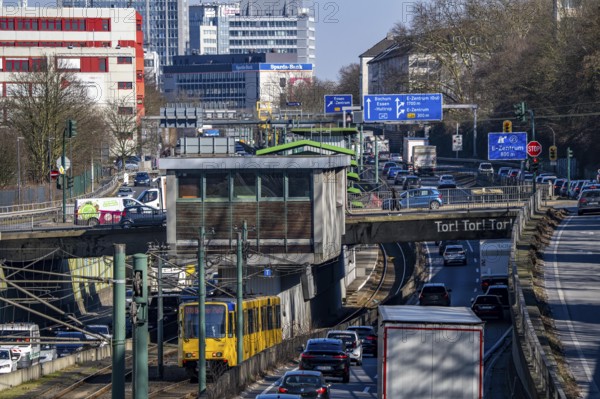 Motorway A40, Ruhr expressway, heavy traffic jam, rush hour, city passage in Essen, skyline of the