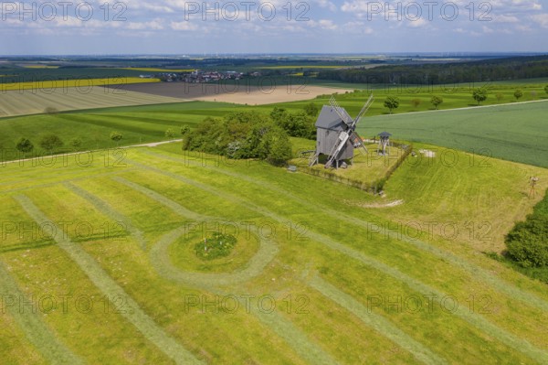Aerial view of Liebschützberg with buck windmill, in the background the district of Laas, district