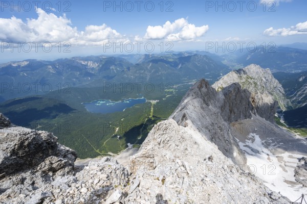 Mountain landscape, view from the summit of the Zugspitze, view of Eibsee lake and mountain ridge