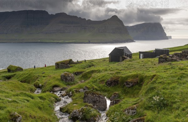 Stream, fields, huts, view from Vidareidi, Vidoy Island, Viðareiði, Viðoy Island to Borðoy, Kunoy