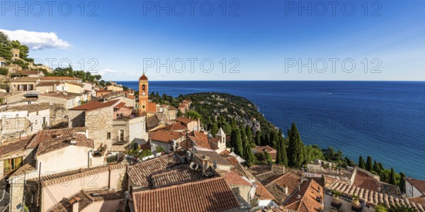 View of Roquebrune, Roquebrune-Cap-Martin, Sea, Côte d'Azur, Mediterranean Sea, France, Europe