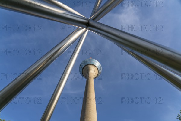 Rhine Tower television tower and energy pyramid on the banks of the parliament, state capital