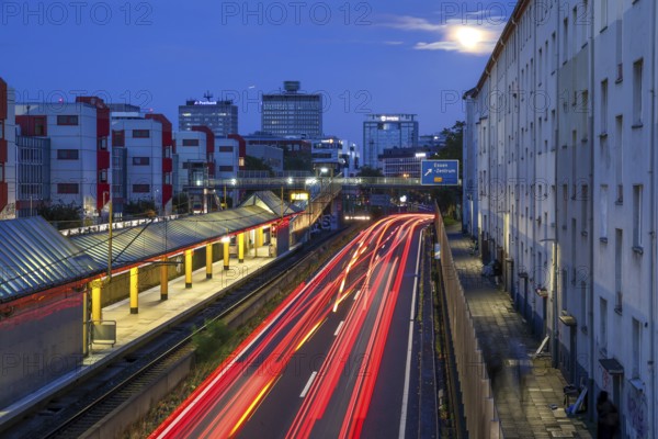Essen, North Rhine-Westphalia, Germany, A40 motorway in the city centre at dusk. Deserted