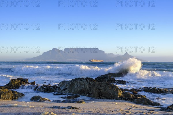 From Bloubergstrand to the silhouette of Cape Town, Cape Town, with Table Mountain, Cape Town,