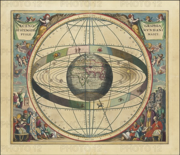 Celestial map, Scenographia Systematis Mundani Ptolemaici, 1660, digital improved reproduction of a