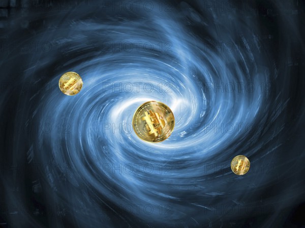 Golden Bitcoin coins floating in a blue, swirling galactic background, symbolic image, insecure