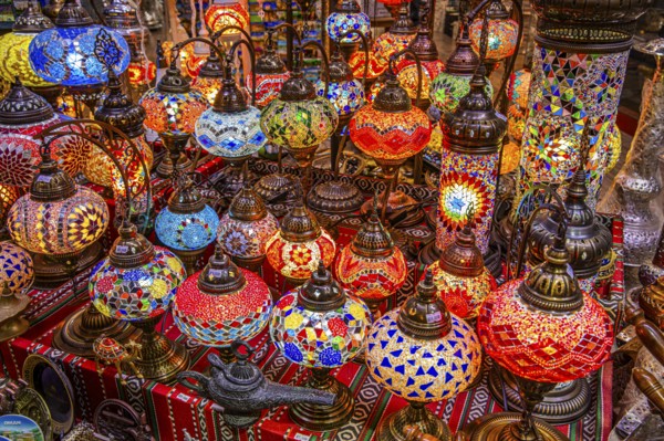Colourful glass lamps in the souk of Mutrah, Muscat, Arabian Peninsula, Sultanate of Oman