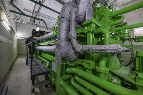 Biogas plant, gas-powered engine for electricity production, generator, in combined heat and power