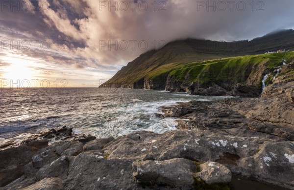 Coast with cliffs and mountains, sea, Vidareidi, Vidoy Island, Viðareiði, Viðoy Island, Faroe