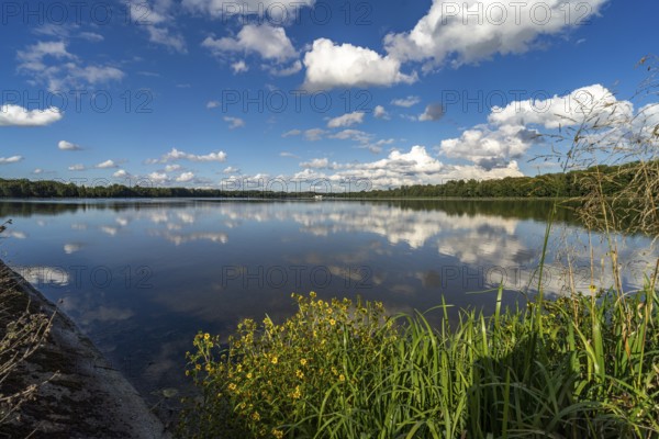 Clouds reflected in the Danube reservoir Faimingen, Lauingen Donau, Bavaria, Germany, Europe