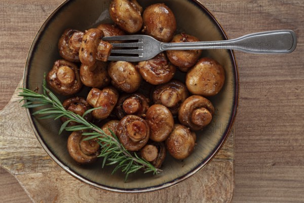 Fried mushrooms, with spices, in soy sauce, vegetarian food, homemade, no people