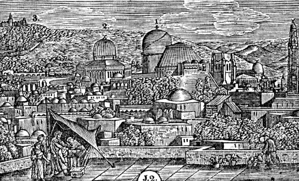View of Jerusalem seen from the Latin Monastery, Church of the Holy Sepulchre (1), Omar Mosque (2),