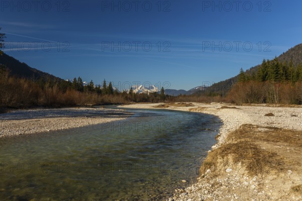 Isar valley nature conservancy area. The wild Isar river flows through its gravel bed past