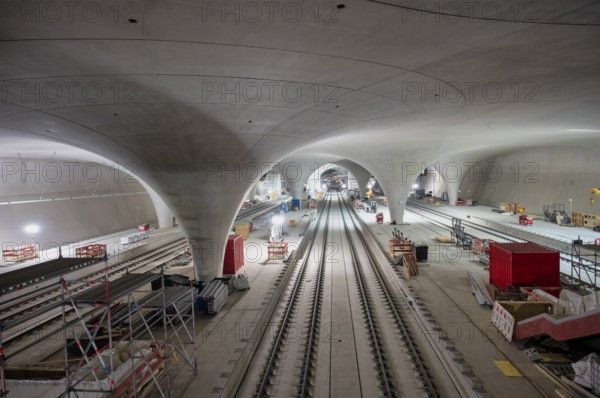 View of the tracks, track bed on concrete, platform 2, chalice supports in the cathedral,