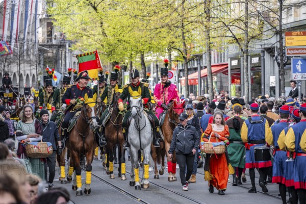 Parade of historically costumed guildsmen, Sechseläuten or Sächsilüüte, Zurich Spring Festival,