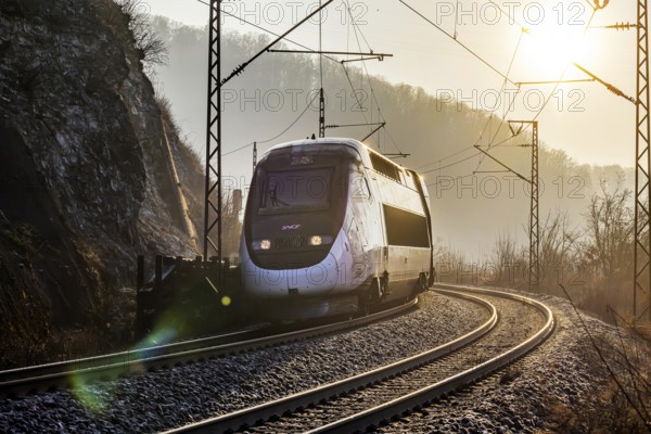 Geislinger Steige, railway line of the Filstallinie railway at dawn. Alb ascent to the Swabian Alb.