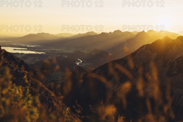 View from the Aggenstein and the foothills of the Alps in Ostallgäu and the Ammergebirge at