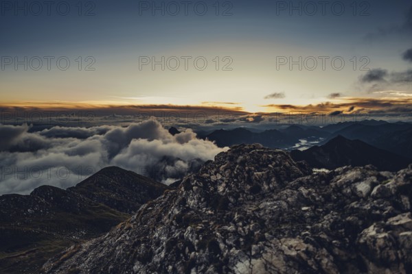 Sunrise hike on the Hochplatte in the Ammergau Alps, Ammergebirge in the Allgäu, Bavaria, Germany,