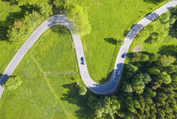 Aerial view of the winding serpentine road between Reifland and Rauenstein, Pockau-Lengefeld,