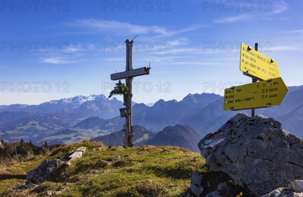 Old summit cross on the Schwarzer Berg with a view of the Dachstein massif, Golling,