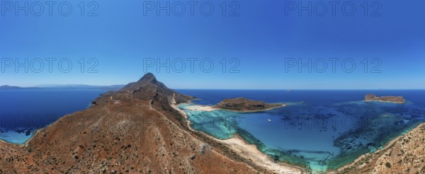 Drone shot, Gramvousa peninsula with view to the beach and bay of Balos, Kolimbari, West Crete,