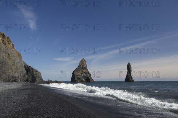 Rocks and cliffs at the black beach of Vík í Mýrdal, South Iceland