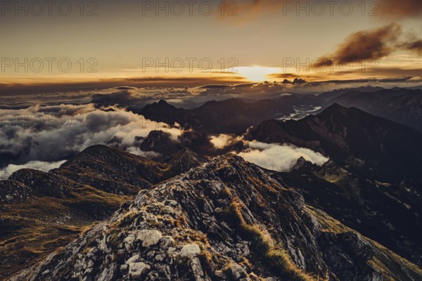Sunrise hike on the Hochplatte in the Ammergau Alps, Ammergebirge in the Allgäu, Bavaria, Germany,