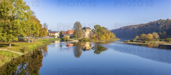 Panorama of the Mulde at the Gattersburg with historic large mill and Mulde weir in autumn, Grimma,