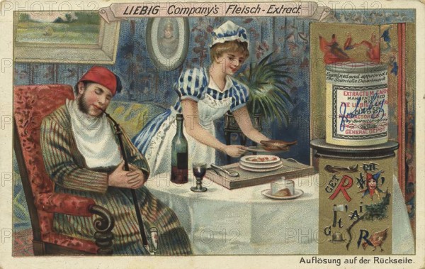 Picture series Picture puzzle, Woman sets the table, Liebig picture, digitally restored