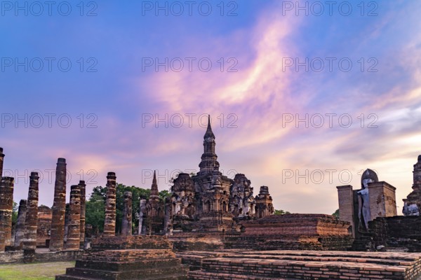 The central Buddhist temple Wat Mahathat at sunset, UNESCO World Heritage Sukhothai Historical