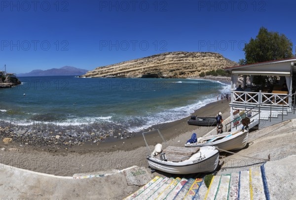 Fishing boats on the beach of Matala, south coast, Crete, Greece, Europe