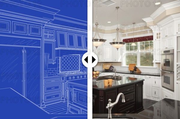 Before and after slider comparing blueprint sketch drawing plans and completed custom kitchen