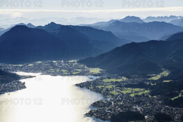 Aerial view, bird's eye view, Tegernsee and Alps, Upper Bavaria, Bavaria, Germany, Europe