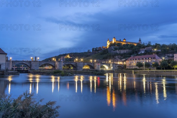 The Main, Old Main Bridge and Marienberg Fortress at dusk, Würzburg, Bavaria, Germany, Europe
