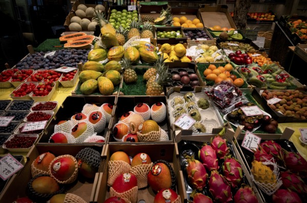 Interior view market hall, fruit stall, fruit, tropical fruit, pitahaya, food market, food, stall,