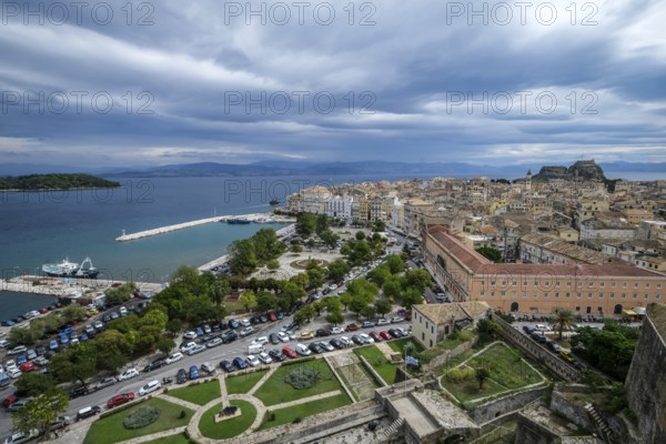 Corfu Town, Corfu, Greece, City overview Corfu Town with the Old Harbour, the Greek Orthodox Church